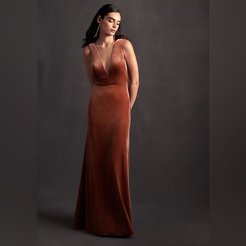 Jenny Yoo Logan Deep-V Velvet Column Gown in English Rose color